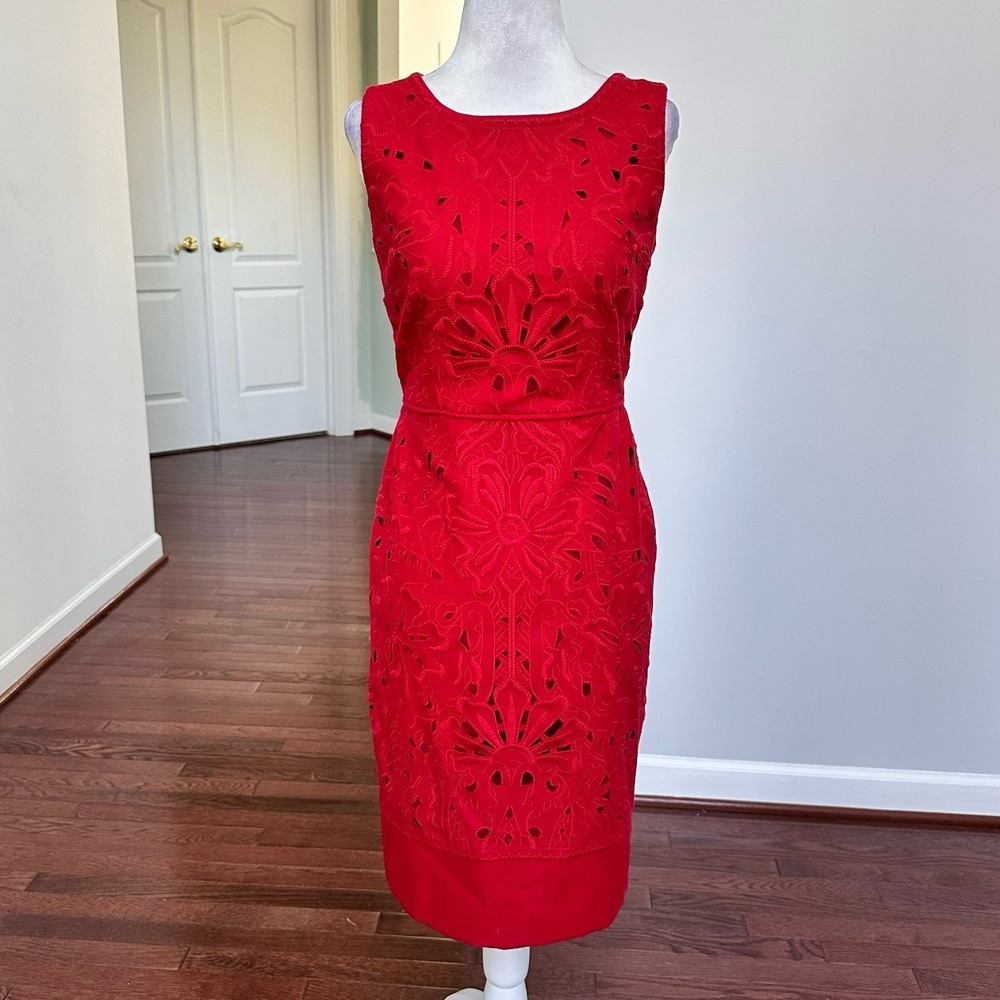Talbots Red Embossed Embroidered Cutout High Neck Cocktail Pencil Dress 4p